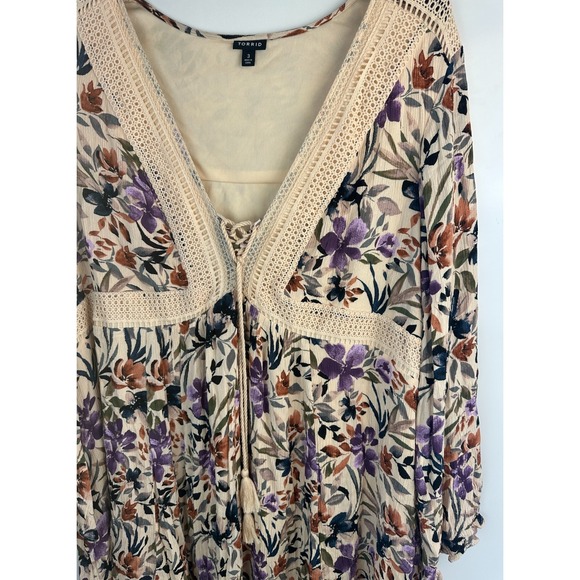 Torrid Mini Gauze Lace-Up Skater Dress Bell Sleeve Floral Plus Size 3 3X Boho - Picture 7 of 16